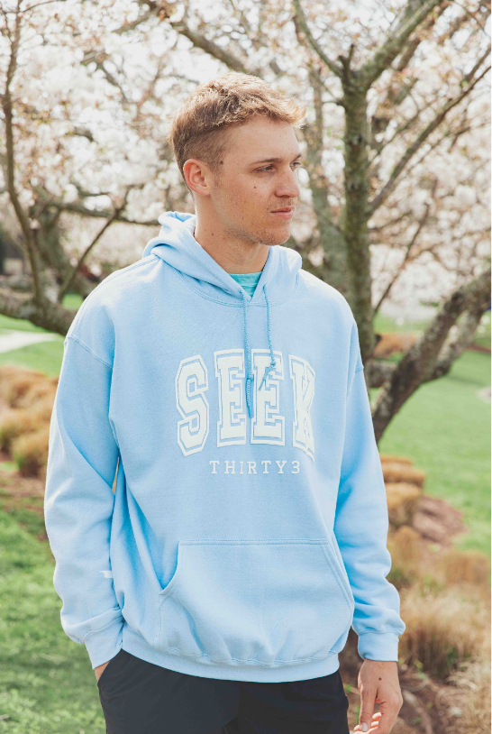 SEEK Varsity Puffy Hoodie Sweatshirt [Light Blue]